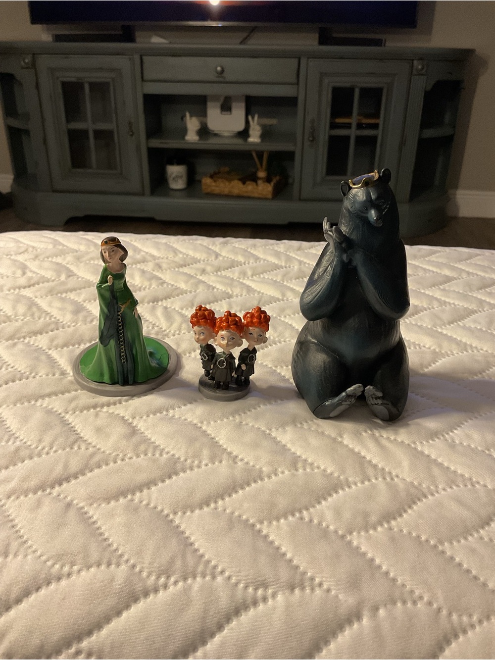 Disney Green Queen, Orange-Red Triplets & Black Bear Figurine Set